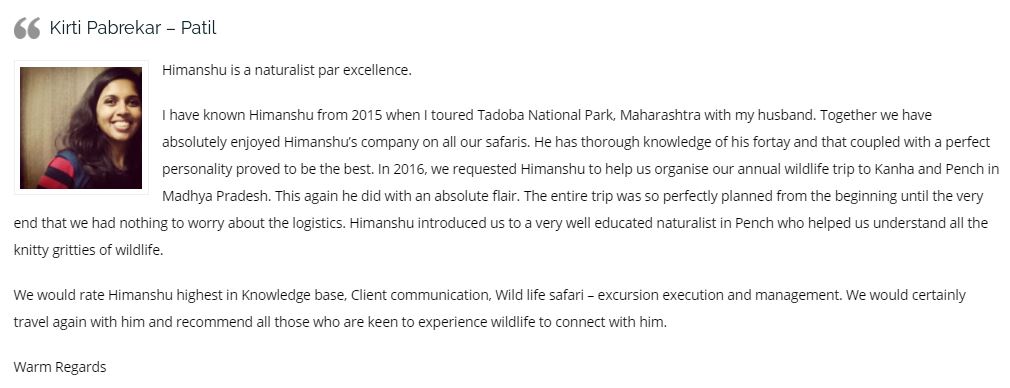 Kirti Pabrekar - Patil's Review of Himanshu Bagde's Safari Service